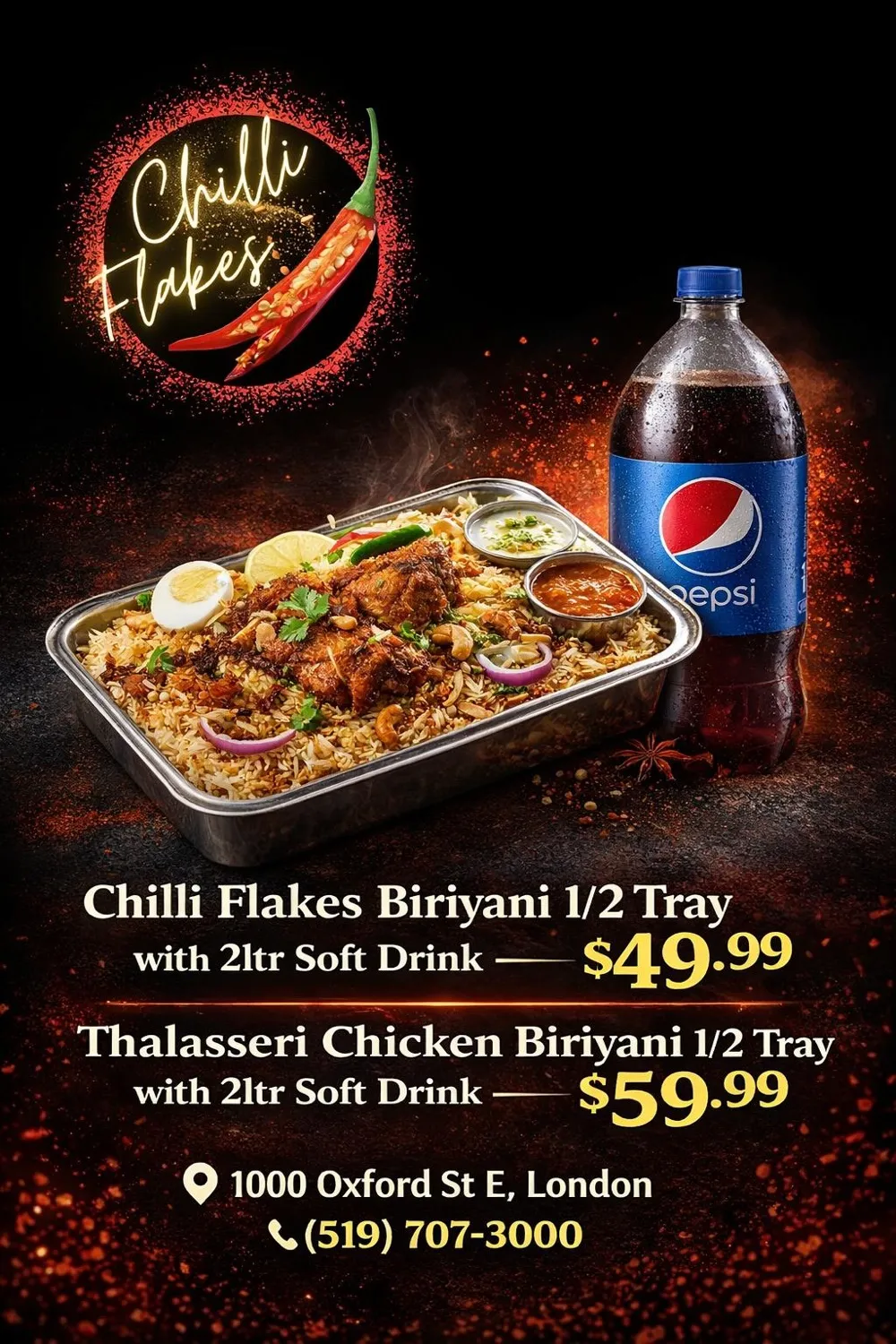 Chilli Flakes Biriyani Half Tray with 2 Litre Soft Drink and Thalasseri Chicken Biriyani Half Tray combo offers - Kerala biryani catering trays in London Ontario